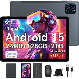 TABWEE Tablet T90 - 24GB RAM - 128GB ROM - 8000 mAh - 11 Inch - Met Toetsenbord(QWERTY) - Hoes - Stylus - Muis - Gemini AI - Bluetooth 5.0 - Android 15 - Grijs