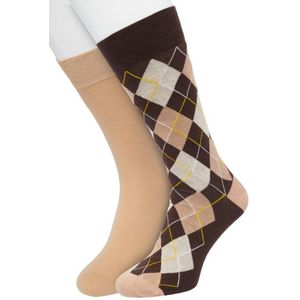Bonnie Doon Heren Sokken set Bruin maat 40/46 - 2 paar - Effen en Geruit - Gladde Naden - Brede Boord - Uitstekend Draagcomfort - Perfecte Pasvorm - 2-pack - Multipack - Effen - Argyle - Lichtbruin - Donkerbruin - Sand - Bracken - OL2121132.497