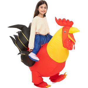 KIMU® Opblaas Kostuum Zittend op Haan Rood Geel Kinderen tot 140 cm - Opblaasbaar Pak - Hanenpak Mascotte Opblaaspak - Opblaasbare Kip Festival