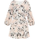 Usha - Jurk - Beige/Zwart/Wit - Kort/Mini - V-hals - Bloemenprint