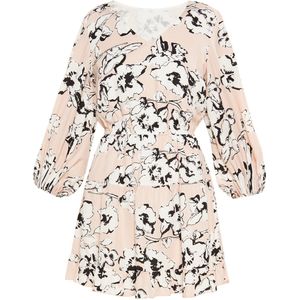 Usha - Jurk - Beige/Zwart/Wit - Kort/Mini - V-hals - Bloemenprint