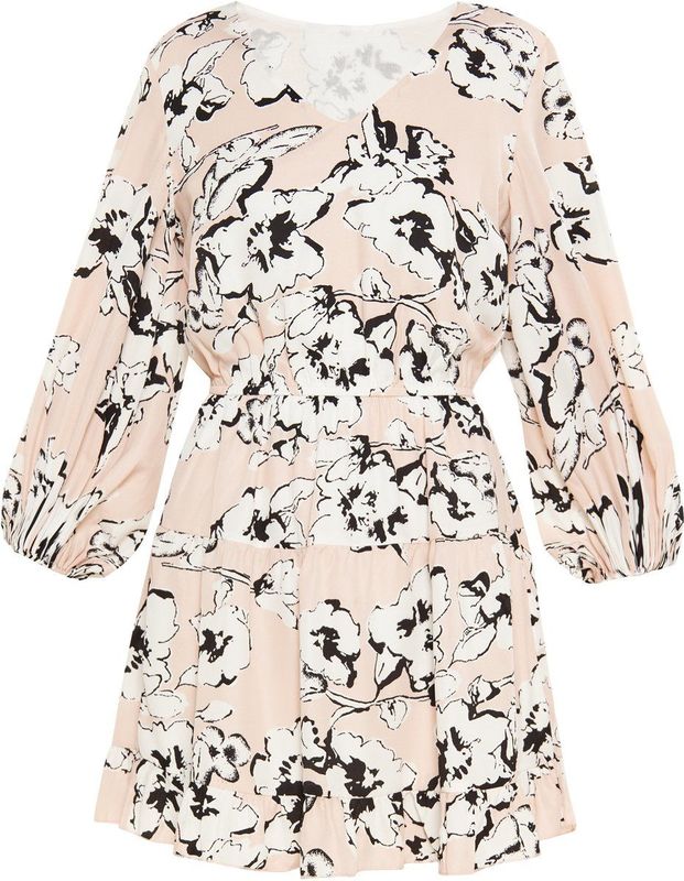 Usha - Jurk - Beige/Zwart/Wit - Kort/Mini - V-hals - Bloemenprint