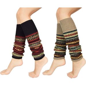 Beenwarmers voor dames, lange winter, beenwarmers, Boheemse stijl, gebreid, dikke beenwarmers, overknee, kousen, 1 of 2 paar, dansen, kous, gebreid, gehaakte sokken, legging, kerstkous - Zwart 1 paar + kaki 1 paar