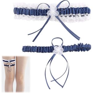 Elastische blauwe bruiloftskousenband - Wit kanten en satijnen lint cadeau voor de bruid