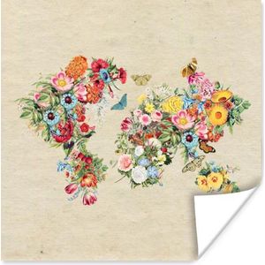 Poster Wereldkaart - Bloemen - Vlinder - Bruin papier - 30x30 cm