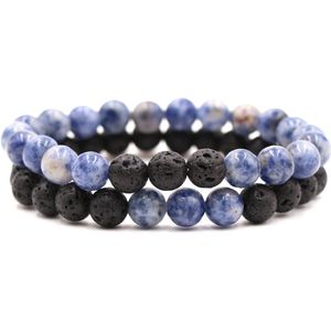 Bixorp Gems Dubbele Natuursteen Armband voor Man & Vrouw - Blauw/Zwart contrast - Edelsteen Armband Cadeau - Lapis Lazuli & Lavasteen - 18cm