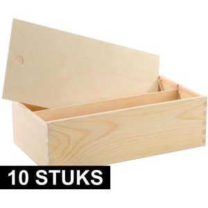 10x Houten wijnkisten/verpakkingen met schuifdeksel 35,5 x 20 x 10,8 cm - Wijnkistjes/wijndoosjes met dubbel vak - Relatiegeschenk/geschenkverpakkingen