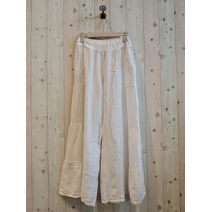 Puur linnen broek met elastische talie - brede pijpen aan volants - bijzonder model - kleur WIT - maat 42-44