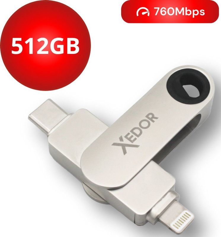 Xedor® Flex - USB Stick - 512 GB - 760Mbps - Lightning en USB C - iPhone en Android