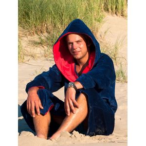 Blauwe badjas met capuchon - sauna badjas heren - 100% katoen - rode details - Badrock - M/L