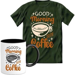 T-Shirtknaller T-Shirt met Koffiemok | Good Morning Coffee - Koffie Kleding | Heren / Dames Shirt met Mok Cadeau | Kleur groen | Maat S