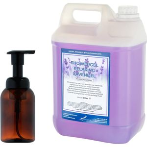 Zeepdispenser 300 ml amber bruin hervulbaar + 5 liter Showergel Relaxing Lavendel navulling
