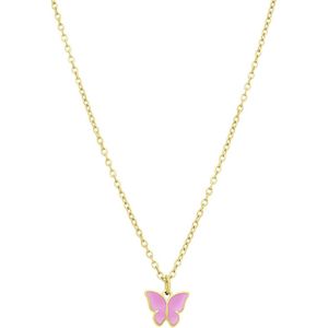 Lucardi Kinder Stalen goldplated ketting met vlinder roze - Ketting - Staal - Goudkleurig - 40 cm