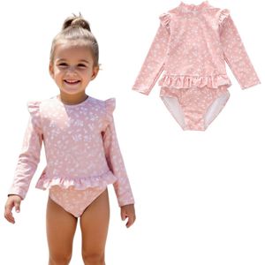 Joya Kids® Badpak Lange Mouw Oud Roze met Bloemen print met Ruches Meisjes | Zwempak met ruches UV Badpak Roze Gebloemd | Zwempak Lange Mouw UV Bescherming | Meisje Bikini Zomer | Kinderbadpak Peuter | Maat S | 2-3 Jaar