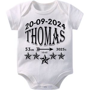 Hospitrix Baby Rompertje met Geboortegegevens Zwart Jongen 2.0 | Korte Mouw | Cadeau voor Zwangerschap | Bekendmaking | Aankondiging