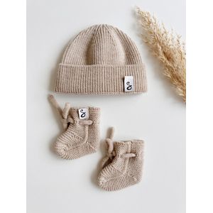 Newborn set Merino wol - sloffen + beanie - 0-3 maanden - Zand - baby sloffen - newborn sokken - babymuts