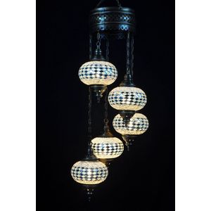 Turkse lamp Oosterse mozaïek hanglamp wit 5 bollen (zilverkleurig armatuur)