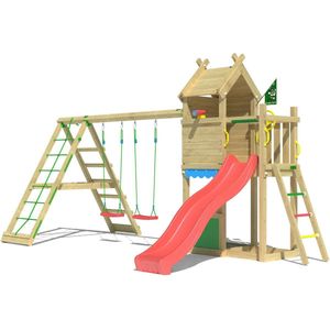 Jungle Gym speeltoestel van grenen hout - Jungle Resort met rode glijbaan - Tuin speeltoestel voor buiten met zandbak, speelhuisje en schommels