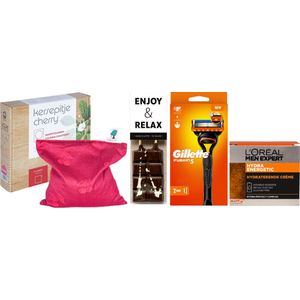 Gillette Cadeauset Warme Kerst Chocolade & Warmtekussen Fushion 5 & Men Expert - Men Expert Hydraterende creme 50ml - Gillette Fusion5 Apparaat + 2mesjes - Kersepittje Warmtekussen Classic 27x27cm