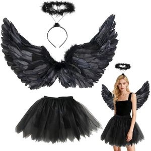 Angel kostuum voor volwassenen - 3-delig zwart engel kostuum voor vrouwen - 60 cm - engelenvleugels - 70-110 cm - tulle rok - tutu rok - engelenvleugels voor kinderen