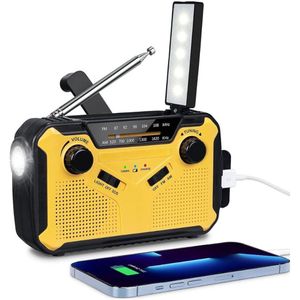 Noodradio Solar Opwindbaar en Batterij - Opwindbare Radio - Draagbare Noodradio - DAB Solar - Dynamo Radio - Noodpakket - Survival Radio - Bouwradio - Noodrantsoen - Powerbank Zonne-energie & Oplaadbare Zaklamp - 3000 mAh - Geel