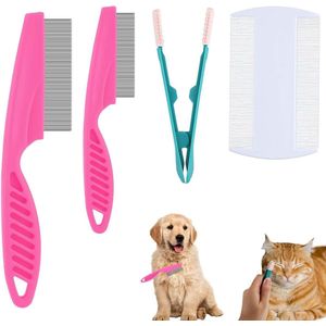 Vlooienkam voor Katten en Honden - Fijne Tanden Luizenkam voor Verwijdering van Traanvlekken - Roestvrij Staal en Kunststof - Magische Reiniging van Huisdierenhaar - Roze