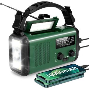 Noodradio - Solar Opwindbaar 10.000mAh - MODEL 2025 - Solar powerbank Zonneenergie - Survival Noodpakket - Zaklamp Oplaadbaar - Noodpakket – Noodrantsoen - Groen