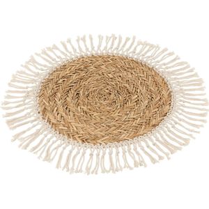 J-Line Rond Franje placemat - jute - naturel & wit - 6 stuks - woonaccessoires