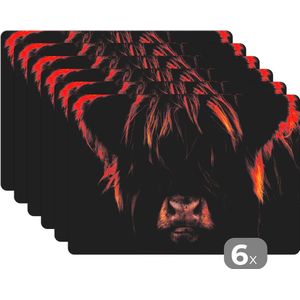 Placemat - Placemats kunststof - 45x30 cm - Schotse Hooglander - Koe - Portret - Dieren - 6 stuks - Borden onderleggers antislip - Tafel decoratie - Luxe tafelversiering - Tafelmat vinyl - Bord onderlegger - Tafeldecoratie accessoires