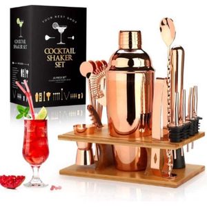 Luxe Cocktail Shaker Set - 16 Delig - Rosé Goud - Stijl 3 - Incl. Rechthoekig Bamboe Standaard