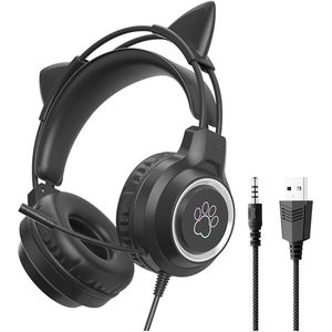 KINSI Gaming Headset met Kattenoren - Ruisonderdrukkende Microfoon 360° - Bedrade hoofdtelefoon - RGB Verlichting & Comfortabele Oorkussens