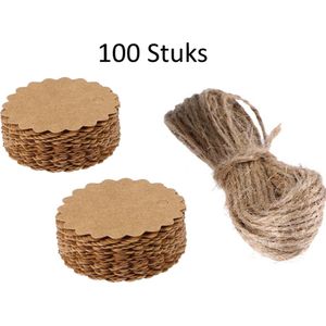 FISKA - 100 Cadeaulabels Kraftpapier / Karton - Rond - 6 cm x 6 cm - Tags - Cadeau Versiering - Label Rond - Label Met Touw - Labels Karton