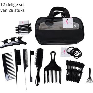Haar in Stijl® | 28-delige Zwart Toilettas met Haartools | Kammen, Borstels en Haarklemmen | Haaraccessoires | Vlinderclip Schoonmaakborstel Afro Kam Metalen Clips Styling Define Brush Elastiekjes | Cadeauset Kadoset Cadeau voor dames
