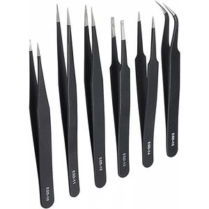 Dolaso Set van 6 precisiepincetten, verbeterd antistatisch roestvrij staal, gebogen pincetten voor knutselwerkjes (zwart)