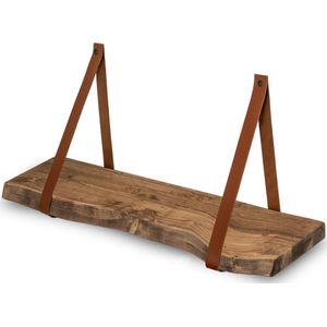 Wandplank Hout| 100 x 20-25 - Boomstam wandplank - Leren bandjes - Bruine Leren Riemen - Wandrek - Muurplank