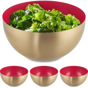 Relaxdays 4x saladeschaal - 2 liter - rood-goud - serveerschaal - rond - mengkom - rvs