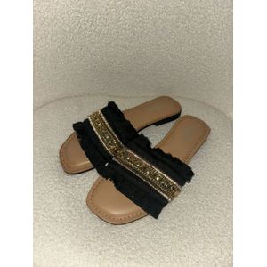 Boho slippers dames- fashion musthaves -dames schoenen – luxe sandalen met goud & fransje – comfortabel- dames slippers- slides- zomer slippers dames- strand- vakantie slippers- trendy- maat 38- lente