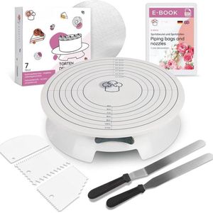 Taartbord draaibaar, taartdecoratieset, draaitafel met accessoires: hoekpaletten, deegschraper, cakekorst, e-book (niet gegarandeerd in het Engels), draaiplateau voor taarten
