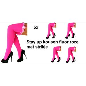 5x Stay up kousen fluor roze met strikje - maat 36-42 - kniekousen fluor roze overknee kousen sportkousen cheerleader carnaval voetbal hockey unisex festival