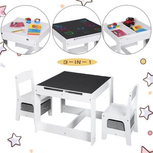 Kamyra® Kindertafel en 2 Stoeltjes met Opbergruimte - Speeltafel / Kinderbureau / Kindermeubel - voor Peuter, Kleuter & Kinderen - MDF - Wit