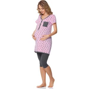 Bellivalini Dames Zwangerschapspyjama - Korte mouwen - Korte broek met borstvoedingsfunctie - Katoen - BLV-BLV50-126-PJ - Roze Punten/Grafiet - XL