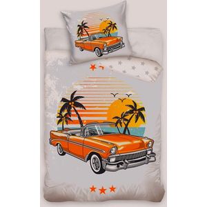 1-persoons jongens dekbedovertrek (dekbed hoes) “retro oldtimer auto” licht grijs met oranje Amerikaanse Beverly Hills auto (car / wagen) met palmbomen en sterren KATOEN eenpersoons 140 x 200 cm