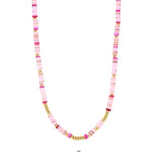 Twice As Nice Halsketting in goudkleurig edelstaal, roze steentjes 38 cm+5 cm