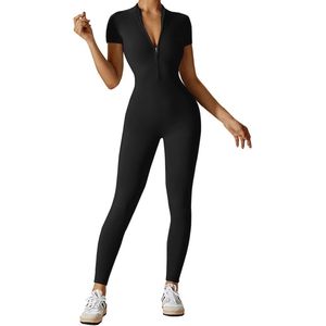 Dames Yoga Jumpsuit Korte Mouwen Slim Fit Sportoutfit Unitard Met Ritssluiting