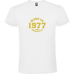 Wit T-Shirt met “Made in 1977 / 100% Original “ Afbeelding Goud Size L