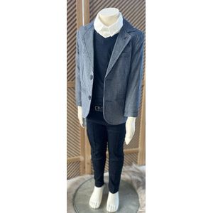 luxe jongens kostuum-kinderpak- kinderkostuum-4 delige set -gestreepte blazer, marineblauwe t-shirt ,marineblauwe broek, witte hemd -bruidsjonkers-bruiloft-feest-verjaardag-fotoshoot- 1 jaar