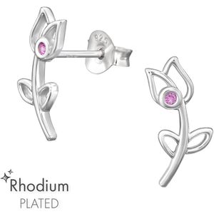 Joy|S - Zilveren tulp bloem oorbellen - 7 x 13 mm - roze zirkonia - oorknoppen - gehodineerd / rhodium