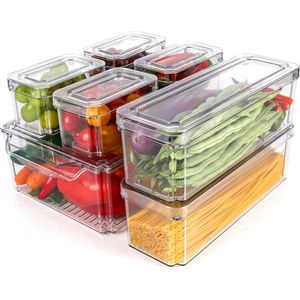 Koelkastorganizer, set van 7, keukenorganizer, transparant, stapelbare opbergdoos, organizerset, voorraadcontainer voor keukens, koelkast, kast, badkamer, BPA-vrij.