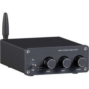 Mini Versterker - Versterker HiFi - voor Passieve Luidsprekers - met Treble - Bass Controle - Bluetooth - 2.0CH - 200W - ‎230V - RCA - 20Hz-20kHz - 98dB - 13.21 x 8.99 x 3.61 cm - Zwart
