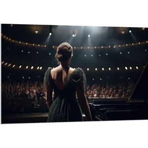 PVC Schuimplaat - Vrouw - Muziek - Podium - Publiek - Jurk - Mensen - Piano - 120x80 cm Foto op PVC Schuimplaat (Met Ophangsysteem)